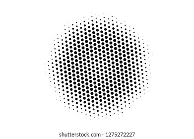 Black and white halftone vector. Round dotted gradient. Centered textured dotwork surface. Vintage overlay textured with ink dots. Monochrome halftone background. Perforated texture for retro graphic