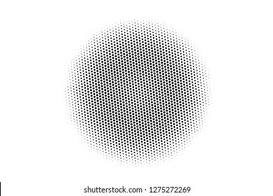Black and white halftone vector. Round dotted gradient. Centered spot dotwork surface. Vintage overlay textured with ink dots. Monochrome halftone background. Perforated texture for retro graphic