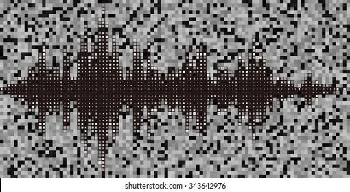 Black and white halftone vector sound waves. Music square waveform background.