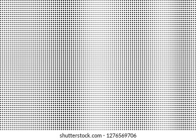 Black and white halftone vector texture. Vertical dotted gradient. Smooth dotwork surface. Vintage effect overlay textured with ink dots. Monochrome halftone background. Perforated retro graphic