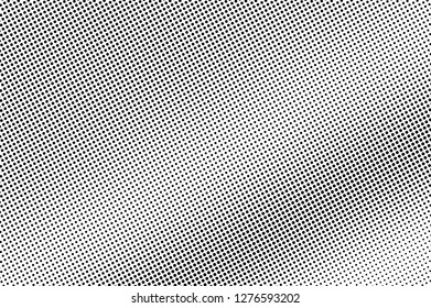 Black and white halftone vector texture. Frequent dotted gradient. Grey dotwork surface. Vintage effect overlay textured with ink dots. Monochrome halftone background. Perforated retro graphic