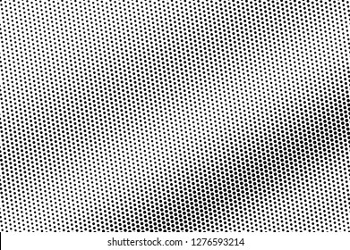 Black and white halftone vector texture. Diagonal dotted gradient. Grunge dotwork surface. Vintage effect overlay textured with ink dots. Monochrome halftone background. Perforated retro design