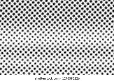 Black and white halftone vector texture. Horizontal dotted gradient. Smooth dotwork surface. Vintage effect overlay textured with ink dots. Monochrome halftone background. Perforated retro graphic