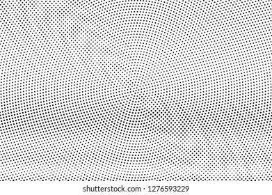 Black and white halftone vector texture. Horizontal dotted gradient. Small dotwork surface. Vintage effect overlay textured with ink dots. Monochrome halftone background. Perforated retro graphic