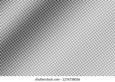 Black and white halftone vector texture. Textured diagonal dotted gradient. Smooth dotwork surface for vintage effect. Monochrome halftone overlay. Perforated retro background. Ink dot texture card