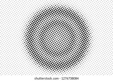 Black white halftone vector texture. Textured round dotted gradient. Grunge center dotwork surface for vintage effect. Monochrome halftone overlay. Perforated retro background. Ink dot texture card