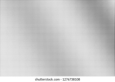 Black and white halftone vector texture. Smooth diagonal dotted gradient. Regular dotwork surface for vintage effect. Monochrome halftone overlay. Perforated retro background. Ink dot texture card