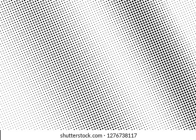 Black and white halftone vector texture. Textured diagonal dotted gradient. Contrast dotwork surface for vintage effect. Monochrome halftone overlay. Perforated retro background. Ink dot texture card
