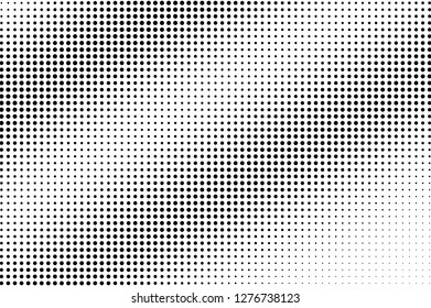 Black and white halftone vector texture. Textured diagonal dotted gradient. Regular dotwork surface for vintage effect. Monochrome halftone overlay. Perforated retro background. Ink dot texture card