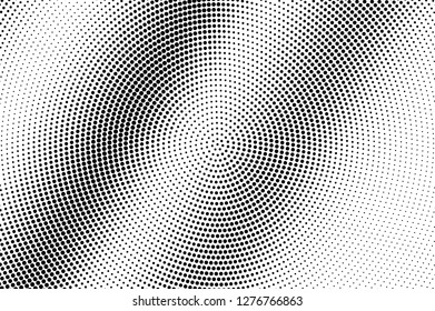 Black and white halftone vector texture. Diagonal dotted gradient. Contrast dotwork surface for vintage effect. Monochrome halftone overlay. Perforated retro background. Ink dot texture card
