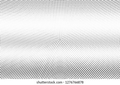 Black and white halftone vector texture. Horizontal dotted gradient. Faded dotwork surface for vintage effect. Monochrome halftone overlay. Perforated retro background. Ink dot texture card