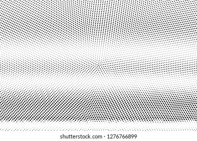 Black and white halftone vector texture. Rough horizontal dotted gradient. Small dotwork surface for vintage effect. Monochrome halftone overlay. Perforated retro background. Ink dot texture card
