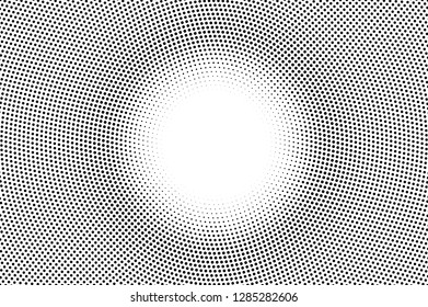 Black white halftone vector texture. Circular perforated surface. Centered dotwork gradient. Digital pop art background. Monochrome halftone overlay for vintage effect. Black ink dot cartoon texture