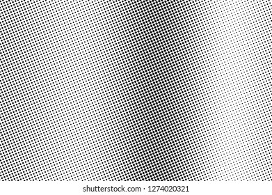 Black and white halftone vector. Vertical dotted gradient. Vintage rough texture. Retro style overlay with ink dot ornament. Monochrome halftone background. Perforated surface for cartoon design