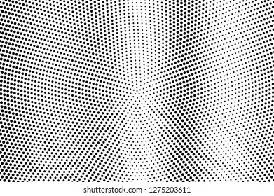 Black and white halftone vector. Vertical dotted gradient. Rough dotwork texture. Retro overlay with ink dot ornament. Monochrome halftone background. Perforated surface for vintage cartoon design