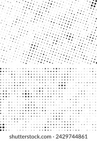 Ein schwarz-weißes Vintage-Muster-Set, Grunge-Wand-Textur-Hintergrund mit Halbton-Punkt, abstrakte Punkte-Quadrat, Halbton-Muster, zufällige Punkte, Spot, Bitmap, Rauschen, Netz, 