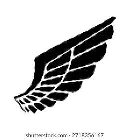 Schwarz-weiße, aus Punkten bestehende Rasterflügelgrafik. Minimales Vintage-Symbol für Freiheit, Geschwindigkeit, Flug, Inspiration und spirituelles Konzept für Grafik- und Branding-Design.