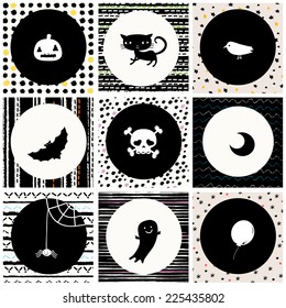 black and white Halloween background with cat, skull, crow, moon, pumpkin, bat, spider, ghost and balloon