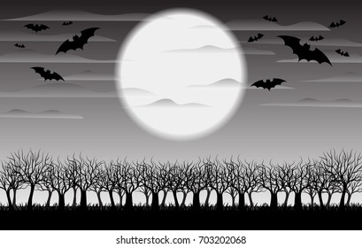 black and white halloween background. full moon. vector illustration