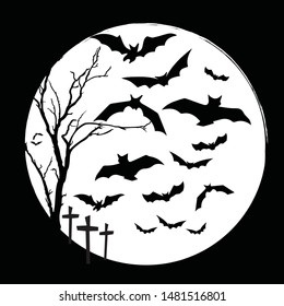 black and white halloween and bats with terrible night in the cemetery on halloween a full moon