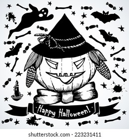 Black and white as Halloween card with pumpkin. Vector illustration. Illustration for greeting cards, invitations, and other printing projects.