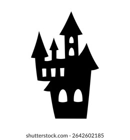 Black and white halloween castle silhouette. Spooky seasonal object, hand drawn vector illustration