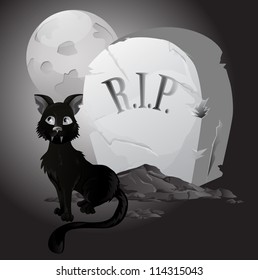 Black an white Halloween Cat on Tombstone