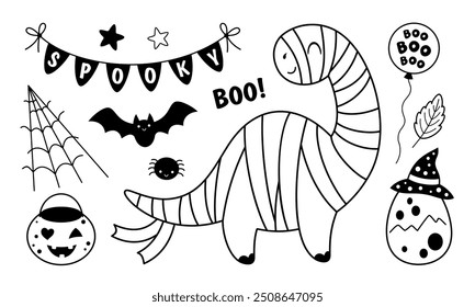 Black and white Halloween clipart. Black Halloween dinosaur clipart. Kids Halloween doodle. Hand drawn vector illustration.