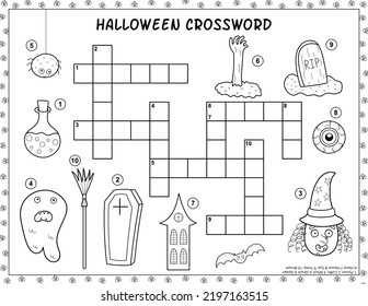 Página de actividad de crucigrama de Halloween blanco y negro para niños. Juego de rompecabezas con personajes espeluznantes. Actividad educativa para la escuela y preescolar. Ilustración del vector