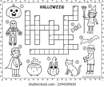 Crucigrama de Halloween blanco y negro con personajes espeluznantes. Calabaza, bruja, zombie, vampiro y más. Página de colorear y juego de rompecabezas para niños. Ilustración del vector