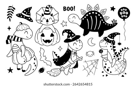 Black and white Halloween dinosaurs clipart set. Cute spooky seasonal objects, Happy Halloween doodle, hand drawn vector illustration in cartoon flat style