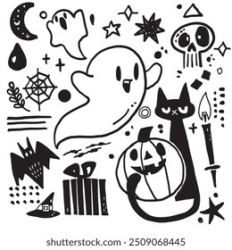 Black and white Halloween doodle featuring ghosts, a black cat, pumpkin, skull, and other spooky elements on a white background, ideal for a coloring book.
