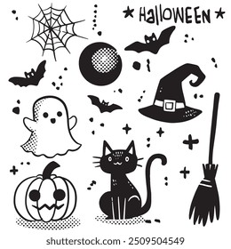 Black and white Halloween doodle featuring a ghost, black cat, pumpkin, witch hat, bats, and broom on a white background, ideal for a coloring book.
