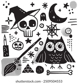 Black and white Halloween doodle featuring a skull, owl, witch hat, moon, broom, and spooky elements on a white background, perfect for a coloring book.
