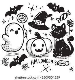 Black and white Halloween doodle featuring a ghost, black cat, pumpkin, witch hat, bats, and candy on a white background, perfect for a coloring book.
