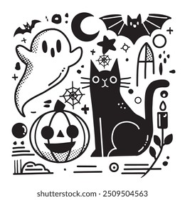 Black and white Halloween doodle featuring a ghost, black cat, pumpkin, bat, moon, and cobweb on a white background, perfect for a coloring book.