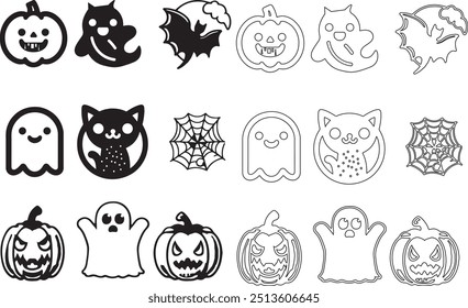 black and white Halloween festival day background elements. a collection of Pumpkin, goats, bat, cat, skull, spider as Halloween elements