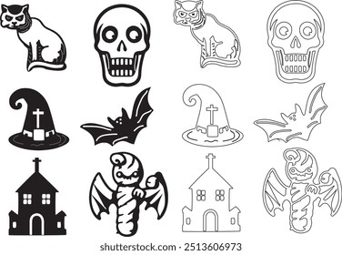 black and white Halloween festival day background elements. a collection of Pumpkin, goats, bat, cat, skull, ghost house as Halloween elements