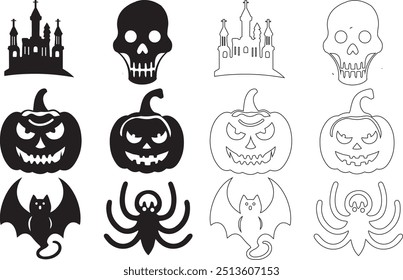 black and white Halloween festival day background elements. a collection of Pumpkin, goats, bat, skull, spider, ghost house as Halloween elements