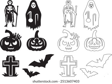 black and white Halloween festival day background elements. a collection of Pumpkin, goats, bat, skull, ghost house as Halloween elements