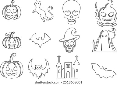 black and white Halloween festival day background elements. a collection of Pumpkin, goats, bat, cat, skull, ghost house as Halloween icon.