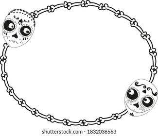 Black and white Halloween frame with cute monsters. Vector poster illustration with place for your text