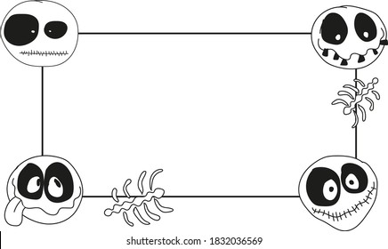 Black and white Halloween frame with cute monsters. Vector poster illustration with place for your text