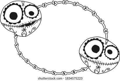 Marco blanco y negro de Halloween con monstruos adorables. Ilustración de póster vectorial con lugar para el texto