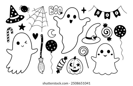 Clipart fantasma Halloween preto e branco. Clipart fantasma negro. Rabiscar de Halloween. Temporada assustadora. Ilustração de vetor desenhada à mão.