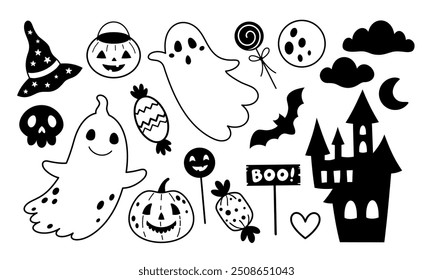 Clipart fantasma de Halloween en blanco y negro. Clipart fantasma negro. Doodle de Halloween. Temporada espeluznante. Ilustración vectorial dibujada a mano.