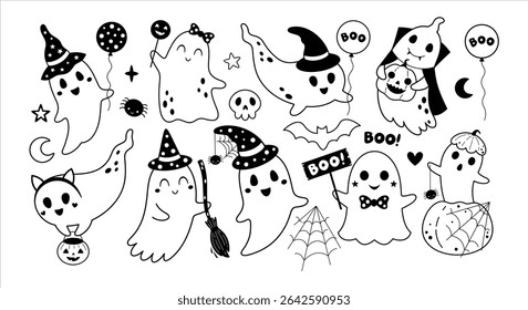 Black and white Halloween ghost clipart set. Cute spooky seasonal characters, Happy Halloween doodle hand drawn vector illustration in cartoon flat style	
