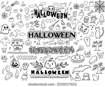 Black and white Halloween graphics pack. Includes classic Halloween objects like pumpkins, ghosts, and bats. High-resolution vector graphics suitable for both print and digital projects. 