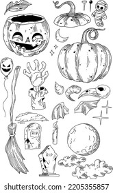 Black and white halloween hand drawn illustrations set. Vector halloween set.