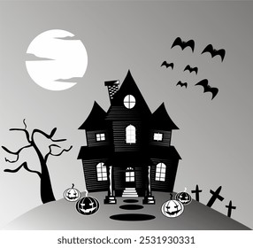 black and white halloween haunted house vector illustration, halloween haunted house silhouette